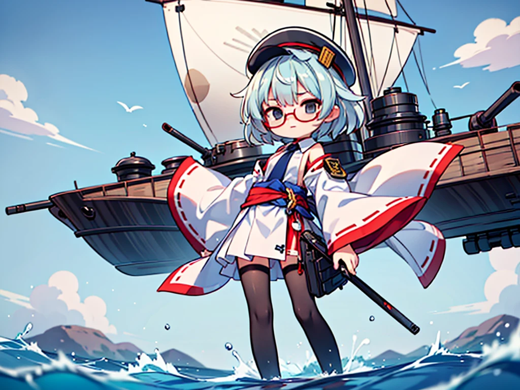 (((masterpiece, Vision))), ((((Full body of a woman with perfect flat chest、solo、Short unkempt black hair、Tie your messy hair at the nape of your neck、white military jacket、Miko costume、black tights、Black glasses、White military cap、Cloudy black eyes、Confused eyes、Junyo-inspired emblem)))), (((Shipgirl))), ((Floating on the morning sea with both feet)), (Standing with your legs apart), (Hold the turret grip with your right hand), (Mechanical arms extending from the waist are used to equip the ship with battleship equipment.), (Equipped with a turret on the back), (Left arm holds the triple turret grip), Shotgun shell in left arm, Spreading the Machine's Wings, 2. Machine Tail, A mechanical prosthetic arm holds the turret, Kaleidoscope Sharingan,