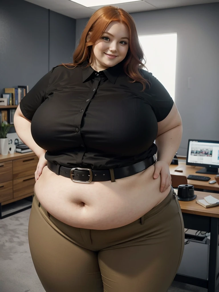 An happy and excited photo of a Beautiful ginger architect SSBBW, with long wavy light Brownish-ginger hair, with big soft fat belly, thicc fat arms, thicc wide legs, big breast, in black pants, long black shirt tucked in her pants, black belt and black blouse in her new modern architect office with a lot of building models and house blueprints