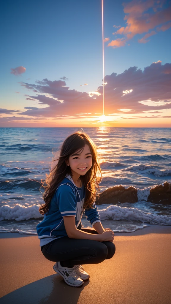 The sea, the huge steel suspension bridge in the background, the Gate Bridge,
girl, smile, angle, pose, casual, 
squat, 
lens flare, light particles, flat illustration, ai-generated,