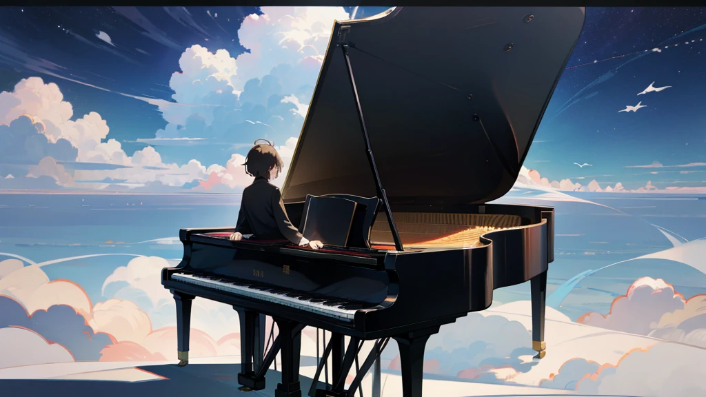 青空とcloudに囲まれた幻想的なシーンが描かれています。 There is a black piano in the center of the screen.、A man playing the piano、There is a woman standing next to him.。Both are students、I'm a young person.。youth、There are white birds flying in the background.、The ground is covered with water.、It's so beautiful, like a mirror.。Highly detailed CG Unity 8k wallpaper、Cinematic lighting、Lens flare、Beautiful detailed eyes、landscape、Ultra HD、cloud、8K quality、Ultra Sharp、Real Light、Surreal、