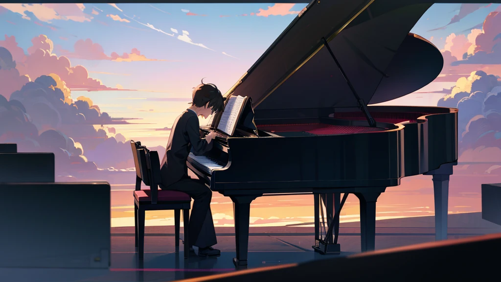 青空とcloudに囲まれた幻想的なシーンが描かれています。 There is a black piano in the center of the screen.、A man playing the piano、There is a woman standing next to him.。Both are students、I'm a young person.。youth、There are white birds flying in the background.、The ground is covered with water.、It's so beautiful, like a mirror.。Highly detailed CG Unity 8k wallpaper、Cinematic lighting、Lens flare、Beautiful detailed eyes、landscape、Ultra HD、cloud、8K quality、Ultra Sharp、Real Light、Surreal、