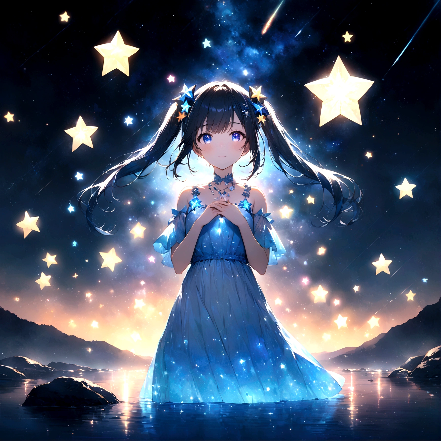 anime gile portrait,kawaii,fantastic style,one beautiful girl with starry eyes, upper body , -yeld gi with midnight blue hair, twin tails with star-shaped hair accessories, crystal blue eyes, wearing a light blue dress with star patterns, standing on a star floating in the river with arms outstretched for balance, background of a night sky filled with stars and their reflections in the river, shooting star crossing the sky, serene riverside at night with stars floating and light shimmering , Fantastic light shimmering, twinkling star effect , surrounded by stars,eyes sparkling like stars,best quality,ultra detailed,ultra high definition,high resolution,16k,ultra vibrant,natural light,starlight,soft light,Glowing Aura,the surroundings are shining,Mysterious, fantastic, super-detailed universe, stars twinkling and twinkling. Star Effects.