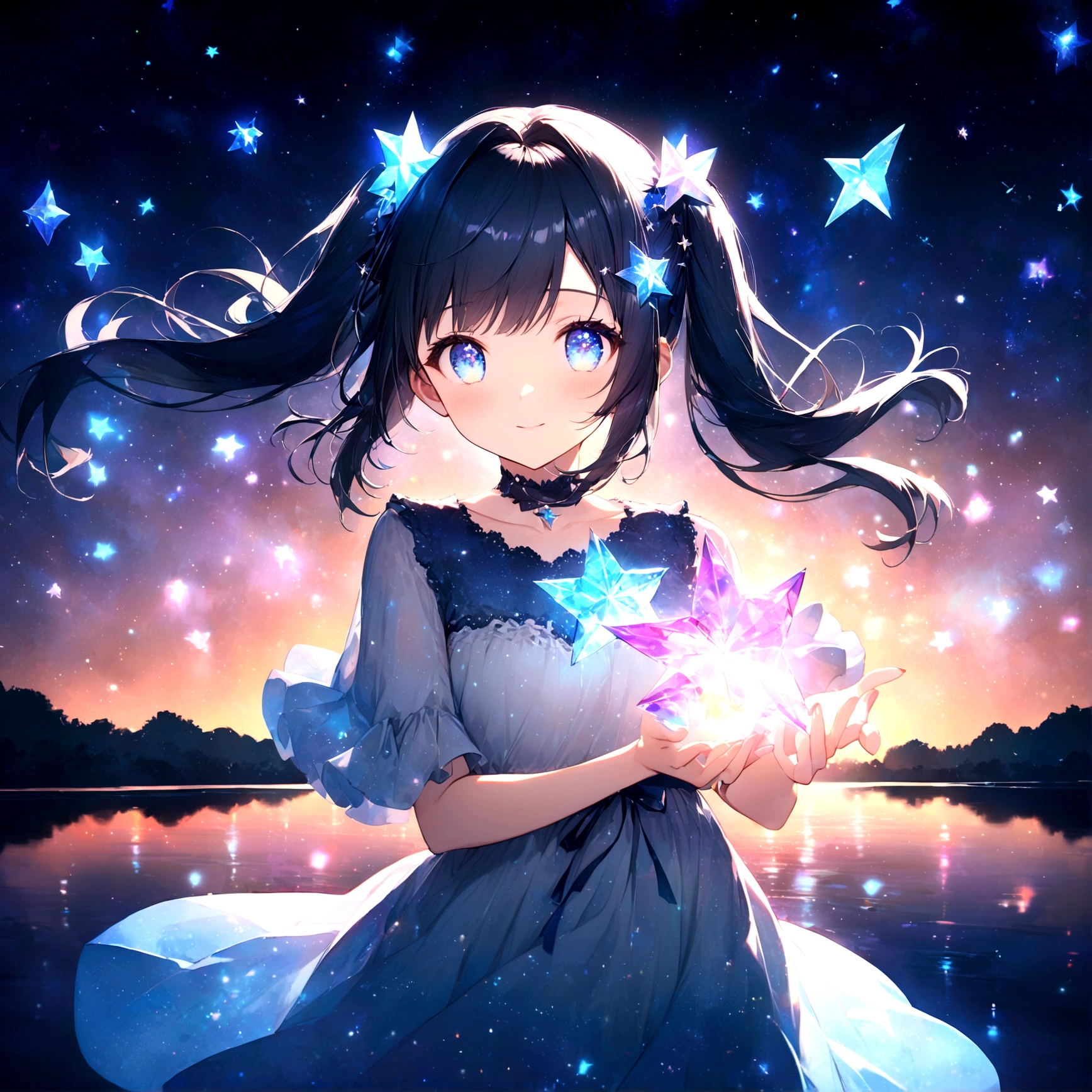 anime gile portrait,kawaii,fantastic style,one beautiful girl with starry eyes, upper body , 14-year-old girl, with midnight blue hair, twin tails with star-shaped hair accessories, crystal blue eyes, wearing a light blue dress with star patterns, standing on a star floating in the river with arms outstretched for balance, background of a night sky filled with stars and their reflections in the river, shooting star crossing the sky, serene riverside at night with stars floating and light shimmering , Fantastic light shimmering, twinkling star effect , surrounded by stars,eyes sparkling like stars,best quality,ultra detailed,ultra high definition,high resolution,16k,ultra vibrant,natural light,starlight,soft light,Glowing Aura,the surroundings are shining,Mysterious, fantastic, super-detailed universe, stars twinkling and twinkling. Star Effects.