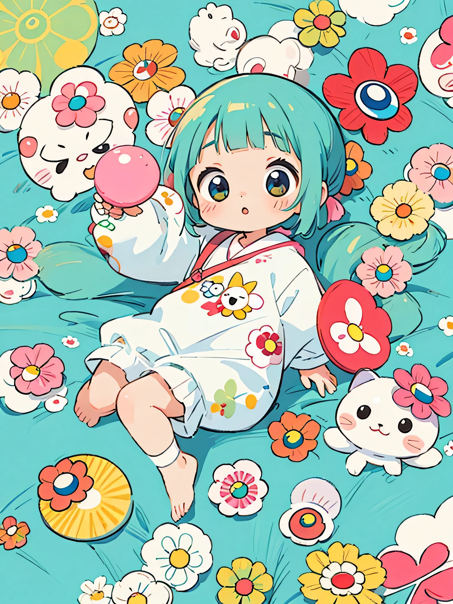 Takashi Murakami style, kawaii design, lovely baby kitten, Beautiful spring noon