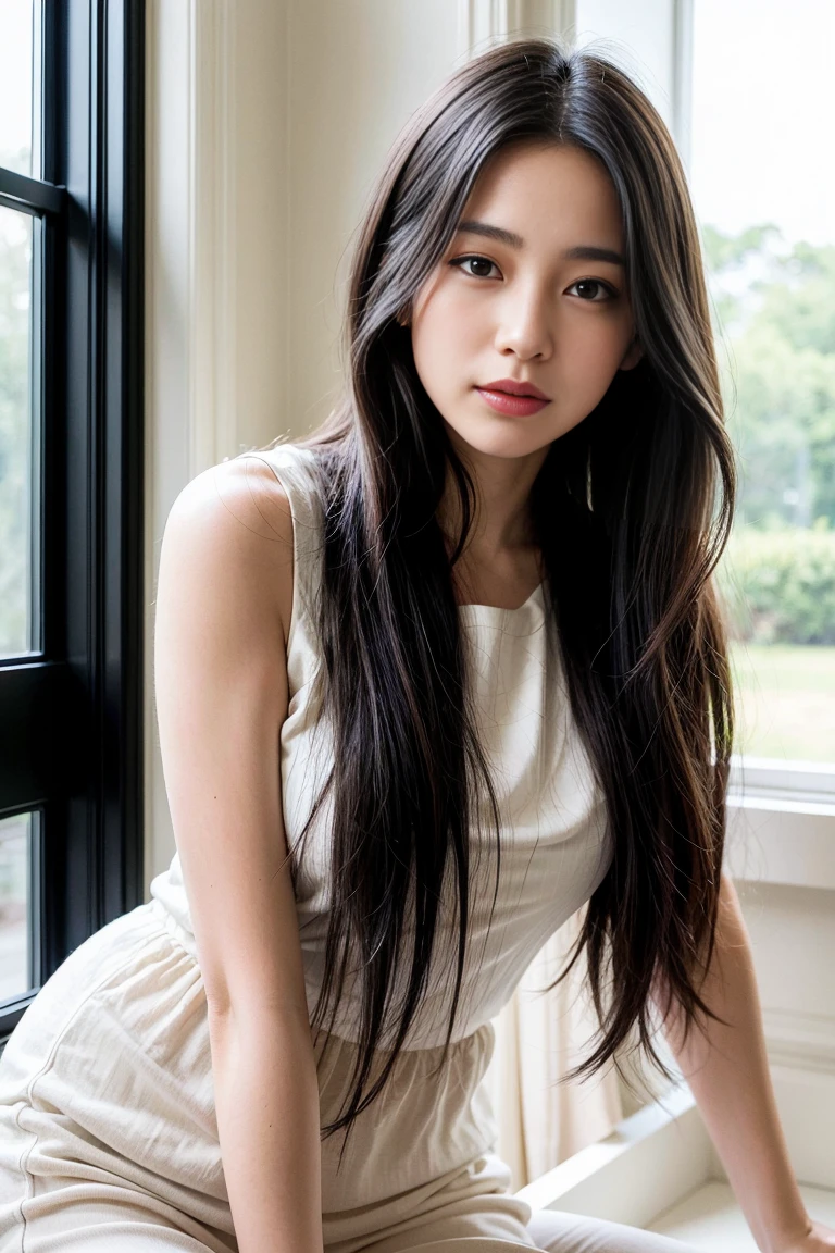 A realistic digital painting of a young woman with long, flowing black hair, leaning on a white windowsill. She is looking over her shoulder with a slightly surprised expression. She is wearing a fitted, light-colored sleeveless top and high-waisted, light-colored pants that accentuate her curves. The room has a soft, natural light coming through the window, casting gentle shadows. The background includes elegant, cream-colored curtains with a subtle floral pattern.