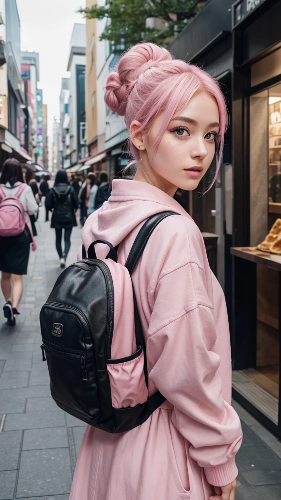 a girl with pink hair in a bun hairstyle, wearing a backpack and eating a crepe, standing on a harajuku street with harajuku street style background, (best quality,8k,highres,masterpiece:1.2),ultra-detailed,(realistic,photorealistic:1.37),portraits,vibrant colors,warm lighting,street fashion,harajuku aesthetic,detailed facial features,long eyelashes,beautiful skin,beautiful detailed eyes,beautiful detailed lips,extremely detailed face
