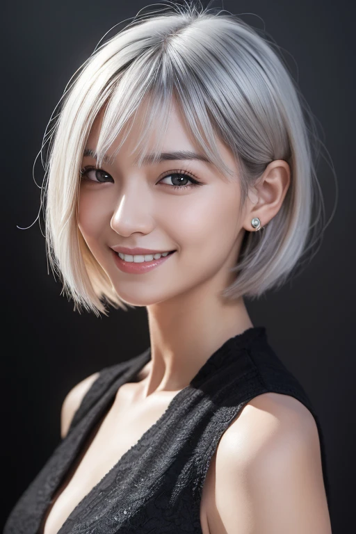 Masterpiece: 1.2, best quality, ultra-detailed,Realistic photo,1girl has bob silver hair,cover your eyes with a black cloth,smile