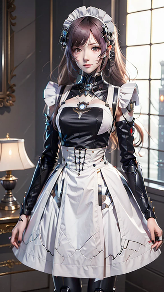 Very detailed, Advanced Details, high quality, 最high quality, High resolution, 1080P, HD, 4K,  beautiful,(Machine),beautiful cyborg mixed maid female, Mecha Cyborg Girl,Mecha Body Girl,She is wearing a futuristic mech, victorian maid dress, from the front, From the skirt up,A cute room for children, bed room, bed,