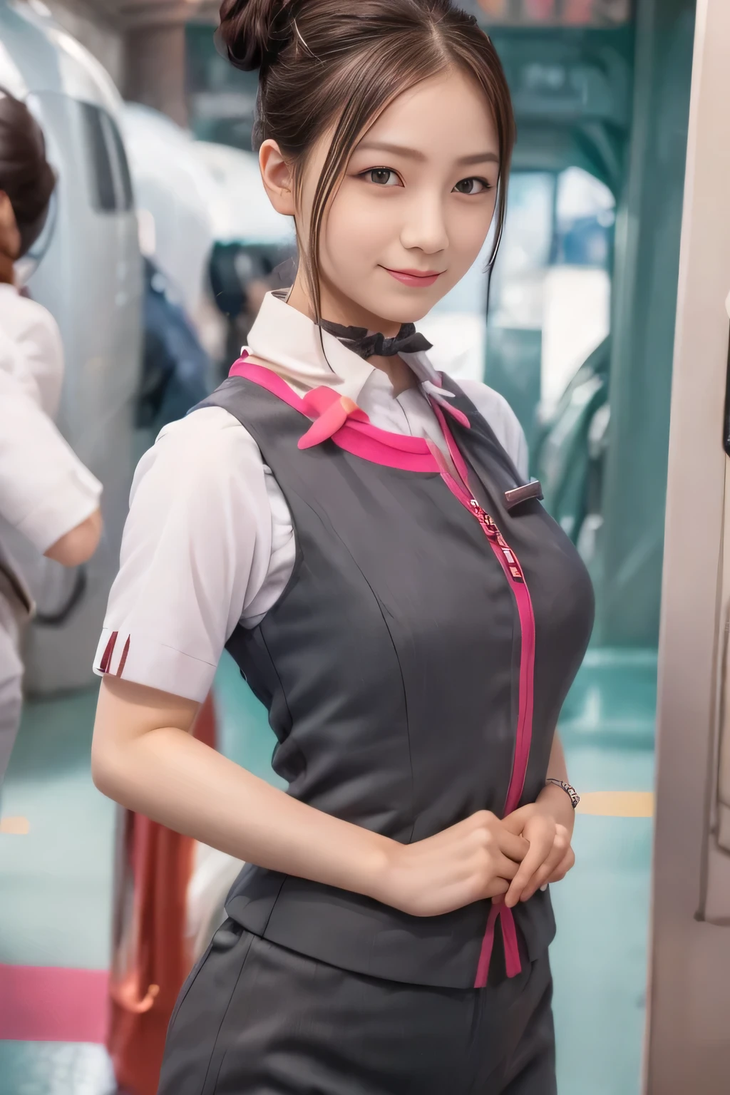 (masterpiece:1.2, Highest quality:1.2), 32k HDR, High resolution, (alone、One Girl)、(Ride the bullet train、Professional Lighting)、Background in the car、(Realistic style of JR Gran Class crew uniform)、Short sleeve blouse、a scarf around the neck、(JR Gran Class flight attendant uniform with pink parts on the skirt sleeves)、(The uniform of the flight attendants of JR Gran Class has a pink line on the front zipper of the vest..)、Dark brown hair、(Hair tied up、Hair Bun、Hair Bun)、Dark brown hair、Long Shot、Big Breasts、((Great hands:2.0)),((Harmonious body proportions:1.5)),((Normal limbs:2.0)),((Normal finger:2.0)),((Delicate eyes:2.0)),((Normal eyes:2.0)))、Luxury Necklace、smile、Beautiful standing posture,
