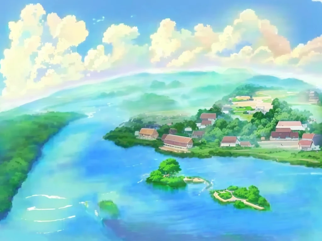 painting of a small island with a river running through it, island background, anime landscape, anime countryside landscape, anime scenery concept art, anime scenery, island landscape, distant village background, made with anime painter studio, painted in anime painter studio, studio ghibli landscape, studio ghibli environment, anime background art, town background, anime landscape wallpaper, anime style cityscape