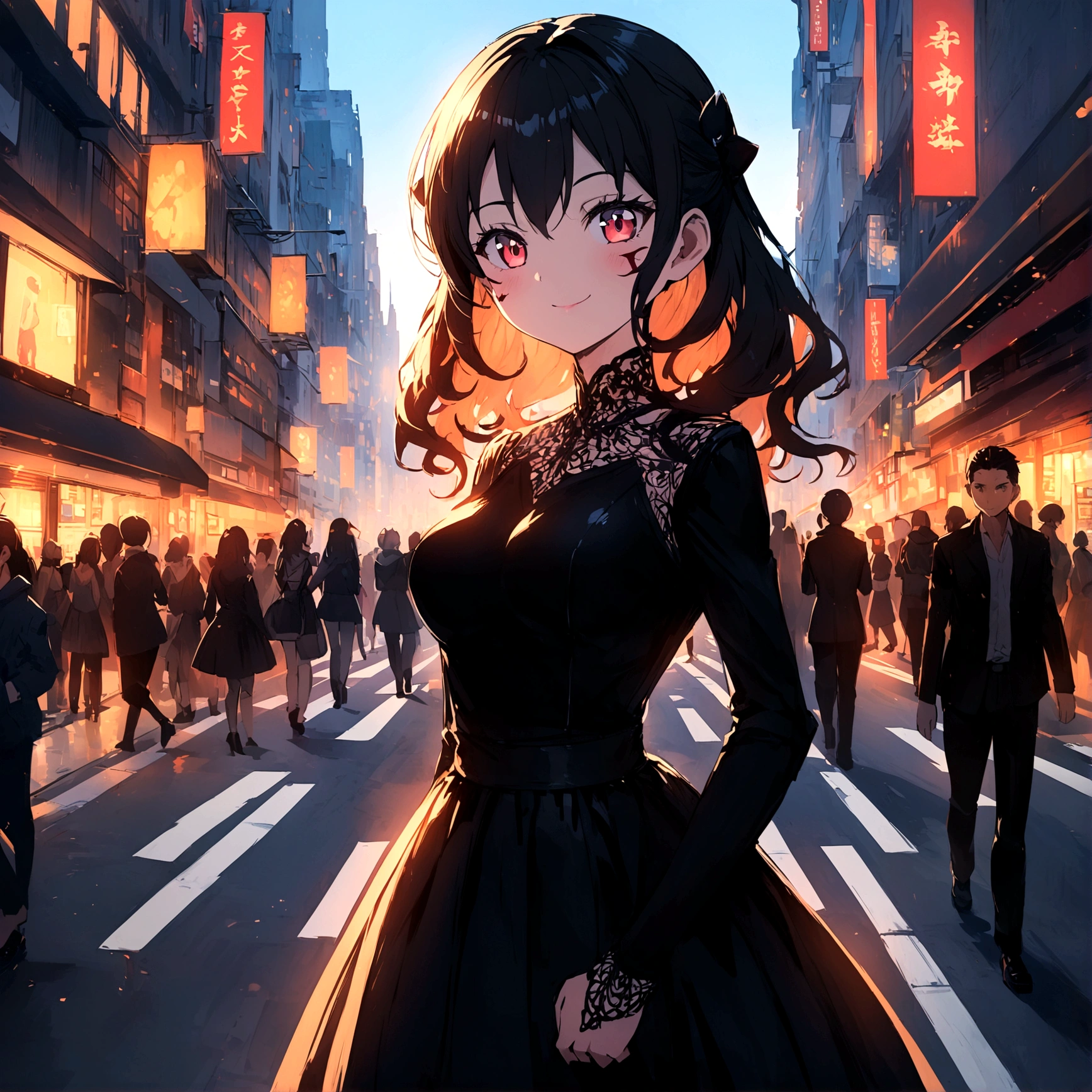 Girl anime style transformation, Exaggerated and distinctive facial features and clothing, standing on a busy city street, A backlit background to make your subject stand out, 4K High Resolution,young, smile, good looking