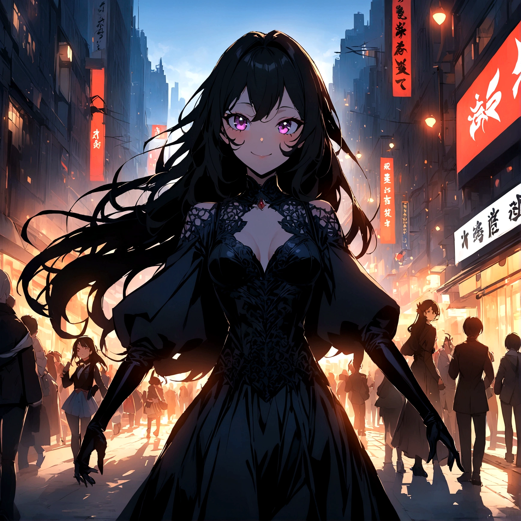 Girl anime style transformation, Exaggerated and distinctive facial features and clothing, standing on a busy city street, A backlit background to make your subject stand out, 4K High Resolution,young, smile, good looking