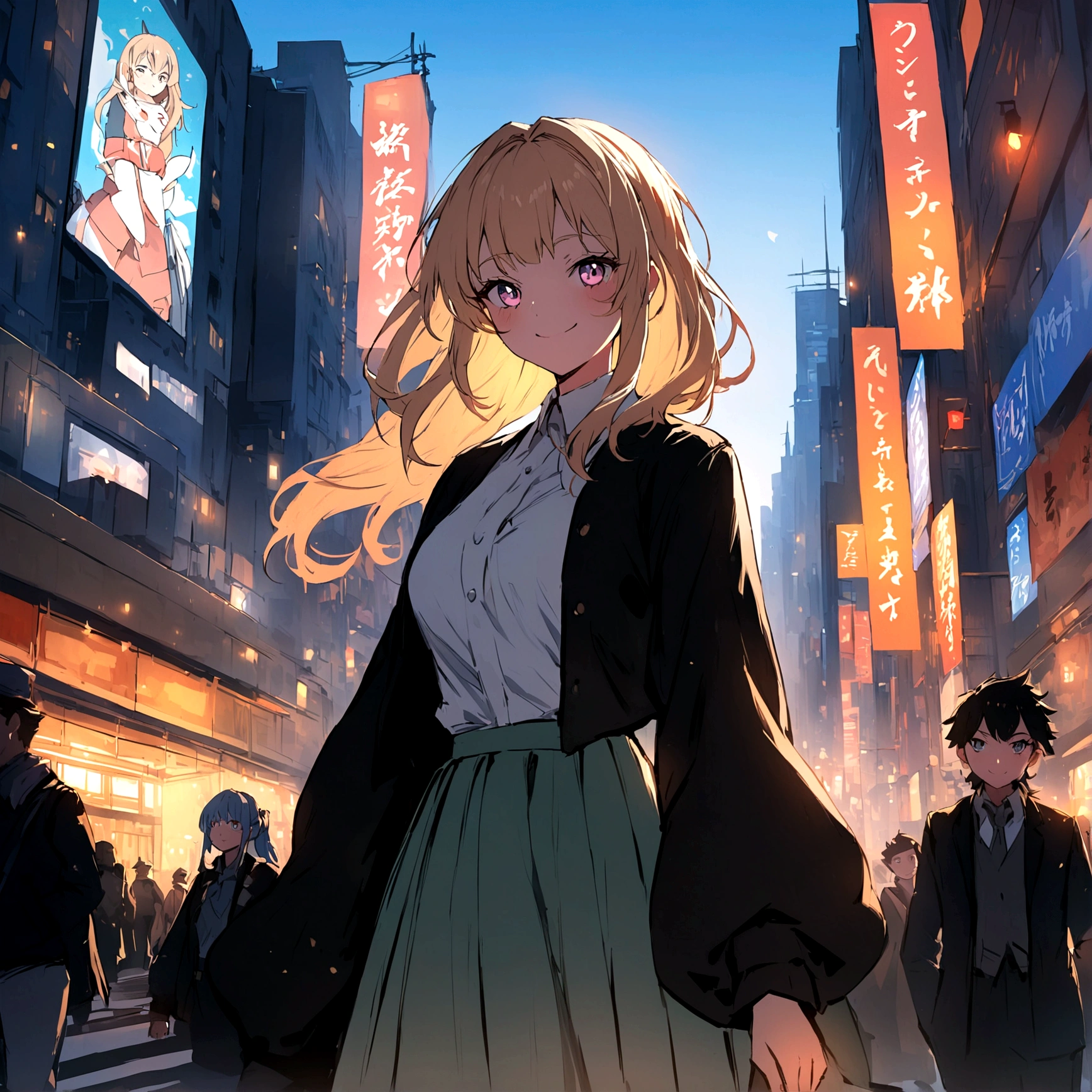 Girl anime style transformation, Exaggerated and distinctive facial features and clothing, standing on a busy city street, A backlit background to make your subject stand out, 4K High Resolution,young, smile, good looking