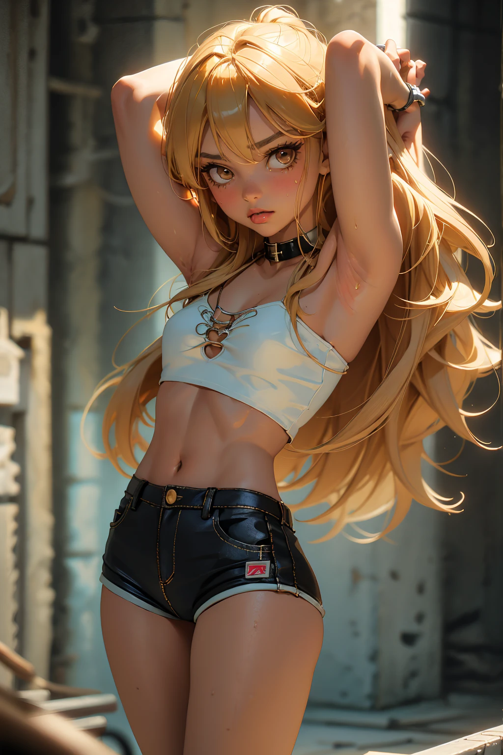 optimum，tmasterpiece，hight resolution，best qualtiy，hyper HD，super detailing，awardwinning，16 K，独奏，（The upper part of the body），anatomy correct，Beautiful cyberpunk girl，cowboy  shot、cute  face，，a blond、Longhaire、Twin-tailed、Braids, Hairline，（（scarlet eyes）），long eyelasher，Hanging eye corners，White skin of the，Shooting from below, ((a black T-shirt:1.5)), ((Sheer nipples))、Rocket Tits, （Slim body），