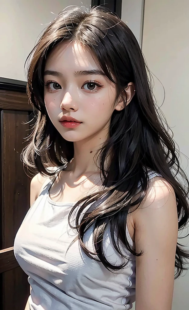 a close up of a woman with long hair wearing a white tank top, 1 8 yo, mai anh tran, 19-year-old girl, profile pic, dang my linh, profile photo, 18 years old, 2 2 years old, 2 3 years old, 2 7 years old, 21 years old, 2 8 years old, 8k, Cleavage, big , round fore