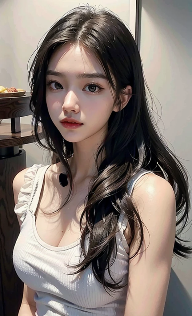 a close up of a woman with long hair wearing a white tank top, 1 8 yo, mai anh tran, 19-year-old girl, profile pic, dang my linh, profile photo, 18 years old, 2 , 2 3 years old old, 21 years ars old, 8k, Cleavage, big , 