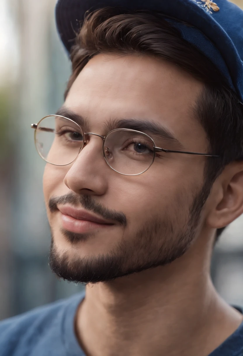 a young black man, slim, wearing cap and glasses, with beard, beautiful smile, blue shirt, anime style sleeves, frontal view, (best quality,4k,8k,highres,masterpiece:1.2),ultra-detailed,(realistic,photorealistic,photo-realistic:1.37),intricate details,highly detailed facial features,extremely detailed eyes and face,longeyelashes,beautiful detailed lips,chiaroscuro lighting,dramatic lighting,vibrant colors,muted colors,soft lighting,warm color palette,cinematic,portrait