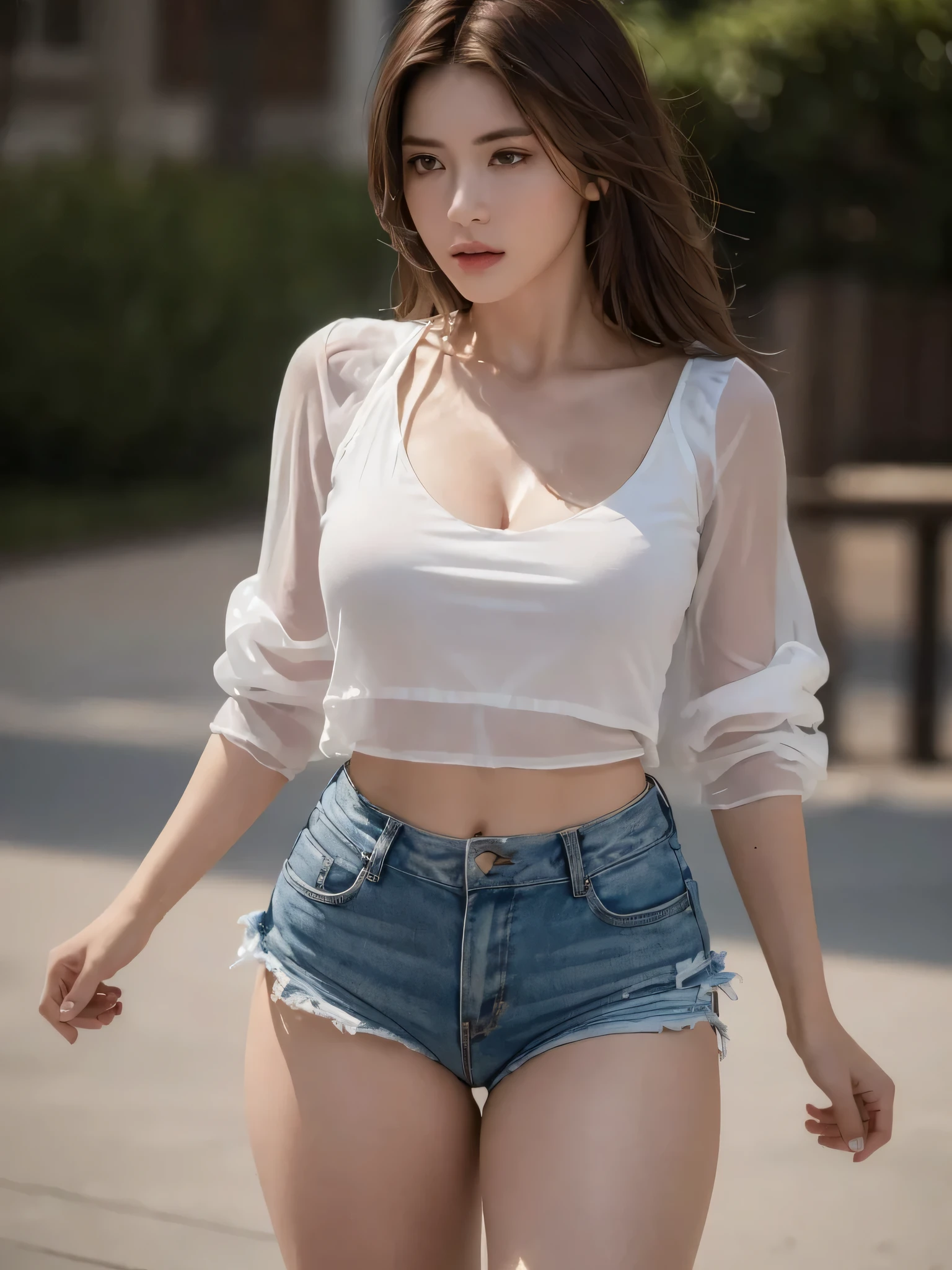 ((Realistic lighting, top quality, 8K, Masterpiece: 1.3)), Clear Focus: 1.2, 1 girl, Perfect Body Beauty: 1.4, Slim Abs: 1.1, ((Dark Brown Hair, Big: 1.3)), (Accelerate: 1.4), (Outdoor, Night: 1.1), Street, Ultra Slender Face, Fine Eyes, Double Eyelids, Exposed Cleavage, Incredibly Absurd, Messy Hair, Floating Hair,