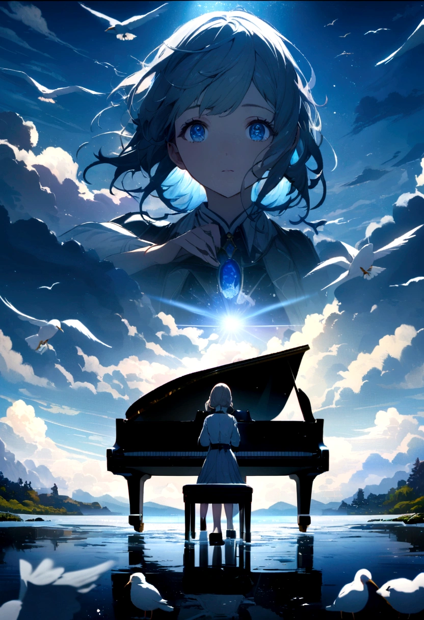 A fantastic scene surrounded by a blue sky and clouds is depicted. There is a black piano in the center of the screen, a man playing the piano and a woman standing next to it. Both are students and young people. In the background of youth, white birds are flying, and the water surface is spreading out on the ground, making it look very beautiful like a mirror. Highly detailed CG Unity 8K wallpaper, cinematic lighting, lens flare, beautiful detailed eyes, landscape, ultra HD, clouds, 8K quality, ultra sharp, real light, surreal,
