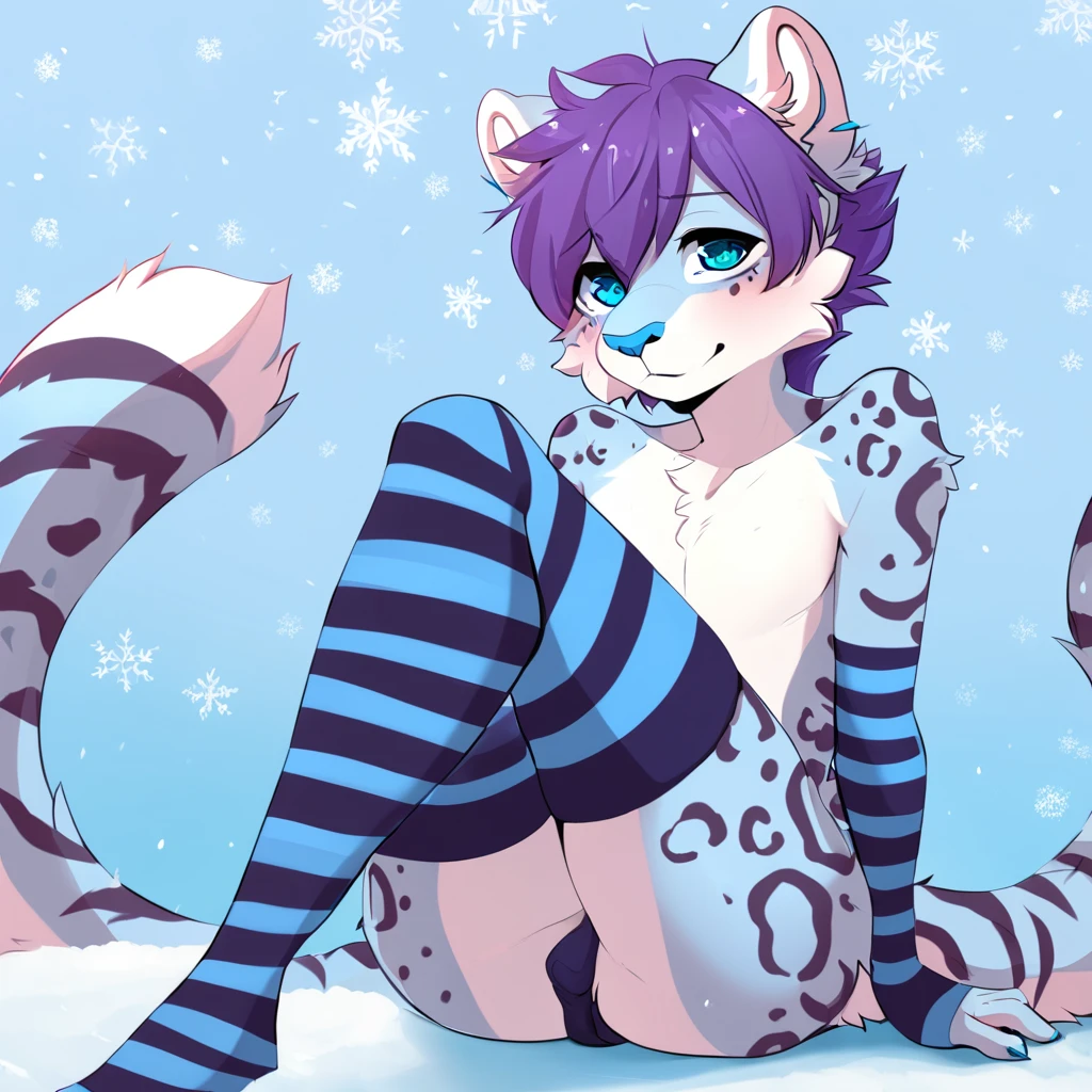 adult, feline, mammal, anthro, anthromorphic, snow, leopard, striped_feline, fur, furred_anthro, fluffy_tail. femboy, male, bangs, ear_tufts, blue_nose, blue_fingers, hair_tuft, hair_between_eyes, short_tail, fluffy, feline_ears, expressive_eyes, purple_hair, light looking_at_viewer, legs, legs_visible, thighs, blue_paws, blue_fur, shy, small_pupils, spotted_pattern, stripes, tail, tail_connected_to_body tiger_stripes, digital_art, high_resolution, high_res, tealblue_background fit, thigh_high, thigh_high_socks, blue_thigh_high_socks, light_blue_and_white_striped
