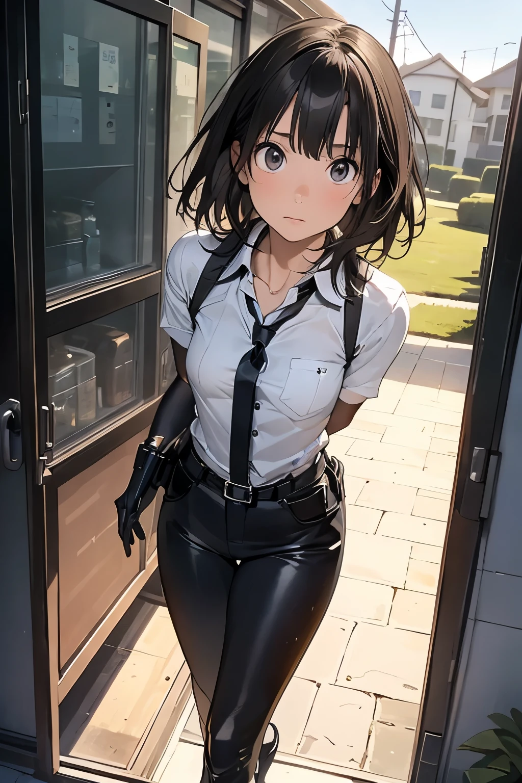 high quality, masterpiece, Ultra-high resolution, (realism: 1.4), Oil painting style, Cinema Lighting, An endless grassland dotted with a few houses, I stood on the empty asphalt road and looked at it., Fairy Mountain々was shrouded in mist, And the suspenders with the cranes flying Moderate breasts Small face holster Beautiful woman Lying in bed Looking up Sweat belt summer 脇Sweat Black Hole Gloves suit shirt Black jacket Black trousers Leg Links ズボンにbelt holster Nipples showing through clothes, caught Hands behind your back Anxious expression Looking up Anxious face