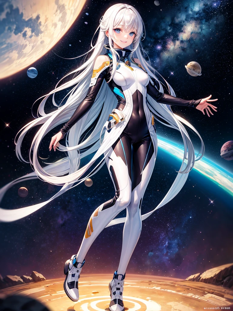 vibrant colors, female, masterpiece, sharp focus, best quality, depth of field, cinematic lighting, white hair, long hair, blue eyes, in space, smiling, stars, starry background, full body, body suit,