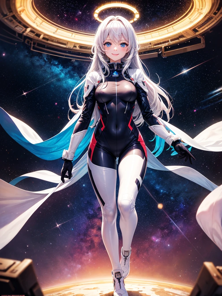 vibrant colors, female, masterpiece, sharp focus, best quality, depth of field, cinematic lighting, white hair, long hair, blue eyes, in space, smiling, stars, starry background, full body, body suit,
