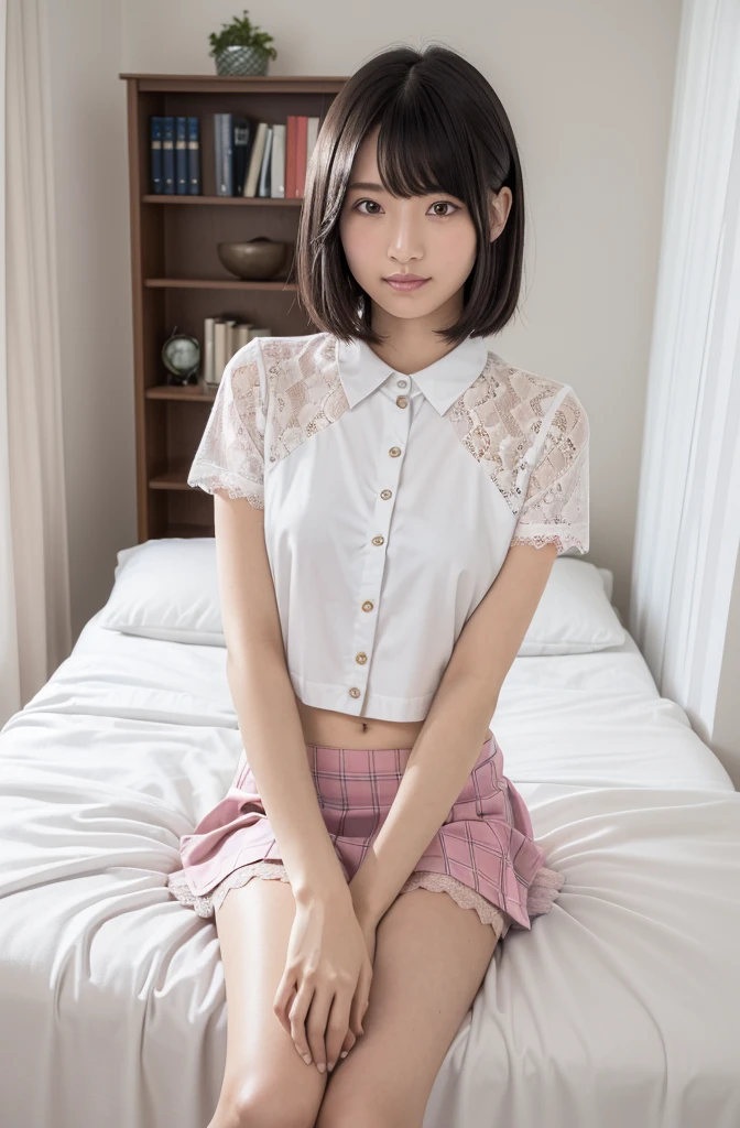 (Highest quality:1.9)、(High resolution)、Live-action image quality、((19 year old female university student、1 person))、Soft lighting by a professional photographer、Natural light、((Very spacious white luxurious room:1.6))、((Bright white room:1.6))、(Sitting on a very luxurious white bed:1.2)、(White Bookcase:1.1)、Natural soft light、((Black Hair Color:1.1))、Fair skin、Detailed Eyes、double eyelid、Slightly puffy cheeks、((Small Face:1.0))、((Pink lace short sleeve shirt、Checked mini skirt、Please wear it with the chest open.:1.7))、((Small breasts:1.7))、(smile)、((Girly pose 1.8))、((short hair:1.1))、((Full Body Shot:1.2))、((Height: 150cm))、Hands in front、Hide your hands between your legs、bangs、