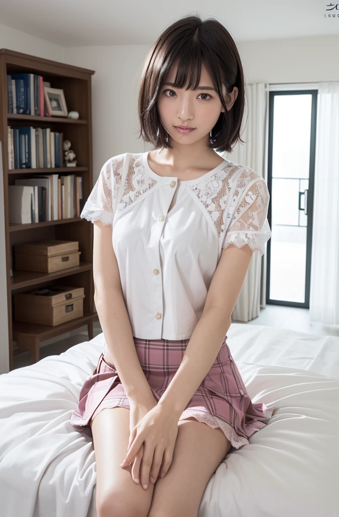 (Highest quality:1.9)、(High resolution)、Live-action image quality、((19 year old female university student、1 person))、Soft lighting by a professional photographer、Natural light、((Very spacious white luxurious room:1.6))、((Bright white room:1.6))、(Sitting on a very luxurious white bed:1.2)、(White Bookcase:1.1)、Natural soft light、((Black Hair Color:1.1))、Fair skin、Detailed Eyes、double eyelid、Slightly puffy cheeks、((Small Face:1.0))、((Pink lace short sleeve shirt、Checked mini skirt、Please wear it with the chest open.:1.7))、((Small breasts:1.7))、(smile)、((Girly pose 1.8))、((short hair:1.1))、((Full Body Shot:1.2))、((Height: 150cm))、Hands in front、Hide your hands between your legs、bangs、