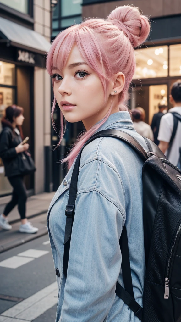 a girl with pink hair in a bun hairstyle, wearing a backpack and eating a crepe, standing on a harajuku street with harajuku street style background, (best quality,8k,highres,masterpiece:1.2),ultra-detailed,(realistic,photorealistic:1.37),portraits,vibrant colors,warm lighting,street fashion,harajuku aesthetic,detailed facial features,long eyelashes,beautiful skin,beautiful detailed eyes,beautiful detailed lips,extremely detailed face