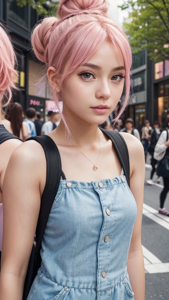 a girl with pink hair in a bun hairstyle, wearing a backpack and eating a crepe, standing on a harajuku street with harajuku street style background, (best quality,8k,highres,masterpiece:1.2),ultra-detailed,(realistic,photorealistic:1.37),portraits,vibrant colors,warm lighting,street fashion,harajuku aesthetic,detailed facial features,long eyelashes,beautiful skin,beautiful detailed eyes,beautiful detailed lips,extremely detailed face