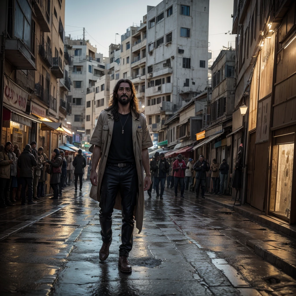 ---

Ultra-realistic scene with Jesus standing in the center of the image, displaying two contrasting expressions. One side of His face is happy, reflecting joy and peace, while the other side is sad, symbolizing sorrow and conflict. The background shows the ancient city of Israel divided into two distinct scenes: on one side, people engaging in joyful activities such as trading, celebrating, and community gatherings; on the other side, scenes of war and unrest, with soldiers and civilians in distress. The composition captures the dual realities of life in Israel during the time of Jesus, highlighting the contrast between happiness and turmoil. Rendered in vivid color and high detail to meet the specifications of a photograph taken by a lens Panasonic Lumix G Leica DG Nocticron 42.5 mm f/ 1.2. The image aims to achieve super-realism, epic composition, depth of field, hyper-detail, and is designed for editorial photography with qualities of super-resolution 16k, UHD, HDR. Conceptual art, soft, intricate, photorealistic, 16k UHD image, surreal atmosphere.

---