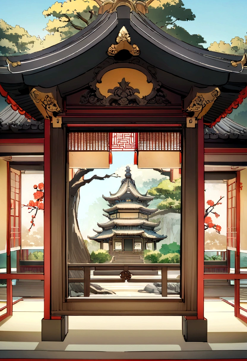 Background of Aiwan Pavilion in Hunan, China， Oriental Wallpaper， Chinese landscape， Japanese Landscape， Chinese style， Japanese Art， Japanese style， Ancient Chinese architecture， Chinese architecture，Pure blue sky，Beautiful tree，Yellow-green hue，Figurative characters，Pine trees have details，The pavilion becomes smaller