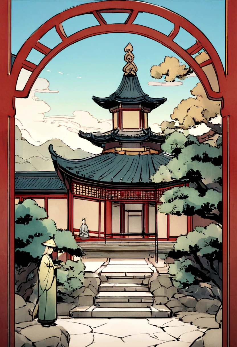 Background of Aiwan Pavilion in Hunan, China， Oriental Wallpaper， Chinese landscape， Japanese Landscape， Chinese style， Japanese Art， Japanese style， Ancient Chinese architecture， Chinese architecture，Pure blue sky，Beautiful tree，Yellow-green hue，Figurative characters，Pine trees have details，The pavilion becomes smaller