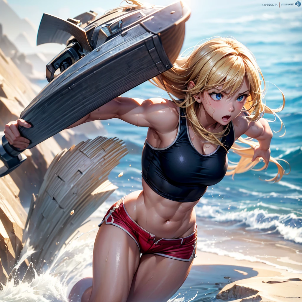 Exaggerated blond hair, shiny and healthy wheat complexion, female warrior, gorgeous fighting posture, super beautiful shining eyes, shy eyes, plump breasts exposing cleavage and navel, well-developed muscles, wearing a sports short-waisted top and super short Hot pants, shirt and shorts were badly torn. He slipped backwards and fell to the ground. He accidentally opened his legs, and a large amount of thick white liquid came out from the inner thighs. The wet body shows a pained expression, a full-body image presented in a hyper-realistic style.
Coupled with the strong light and shadow effects, the character outlines are clearer and the muscle lines are more prominent, showing a stronger three-dimensional sense, (8K, real-time, highest quality, masterpiece: 1.4), ultra-clear web page, (lifelike, lifelike: 1.48 ), Masterpiece, Best Quality, Ultra Detailed, 8K, Detailed Lights, Detailed Shadows, Original, (Detailed Skin), (Photorealism: 1.2)
