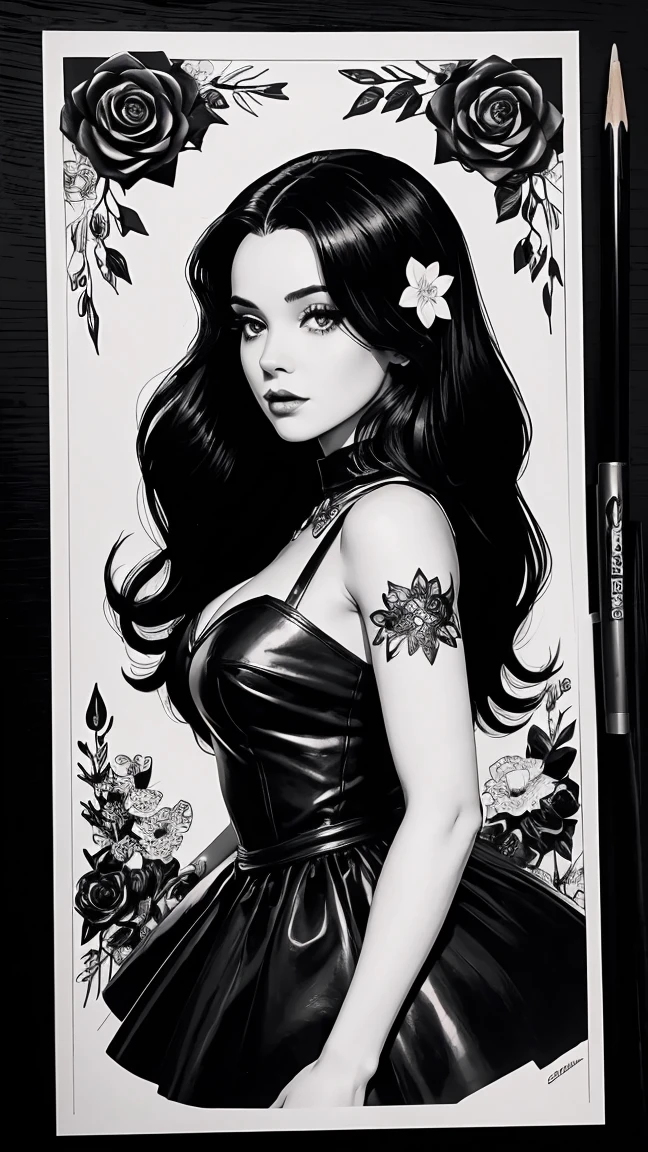 Black and white doll 1 black girl with flowers,  flowers in background, leather on dress with flowers, your art in fine ink, comic style, portrait of black, Marilyn Munroe, long black hair, Glamour de Hollywood, beautiful line art, black and white comic style, manga style, manga art style, pencil and ink caricature drawing, black and white coloring