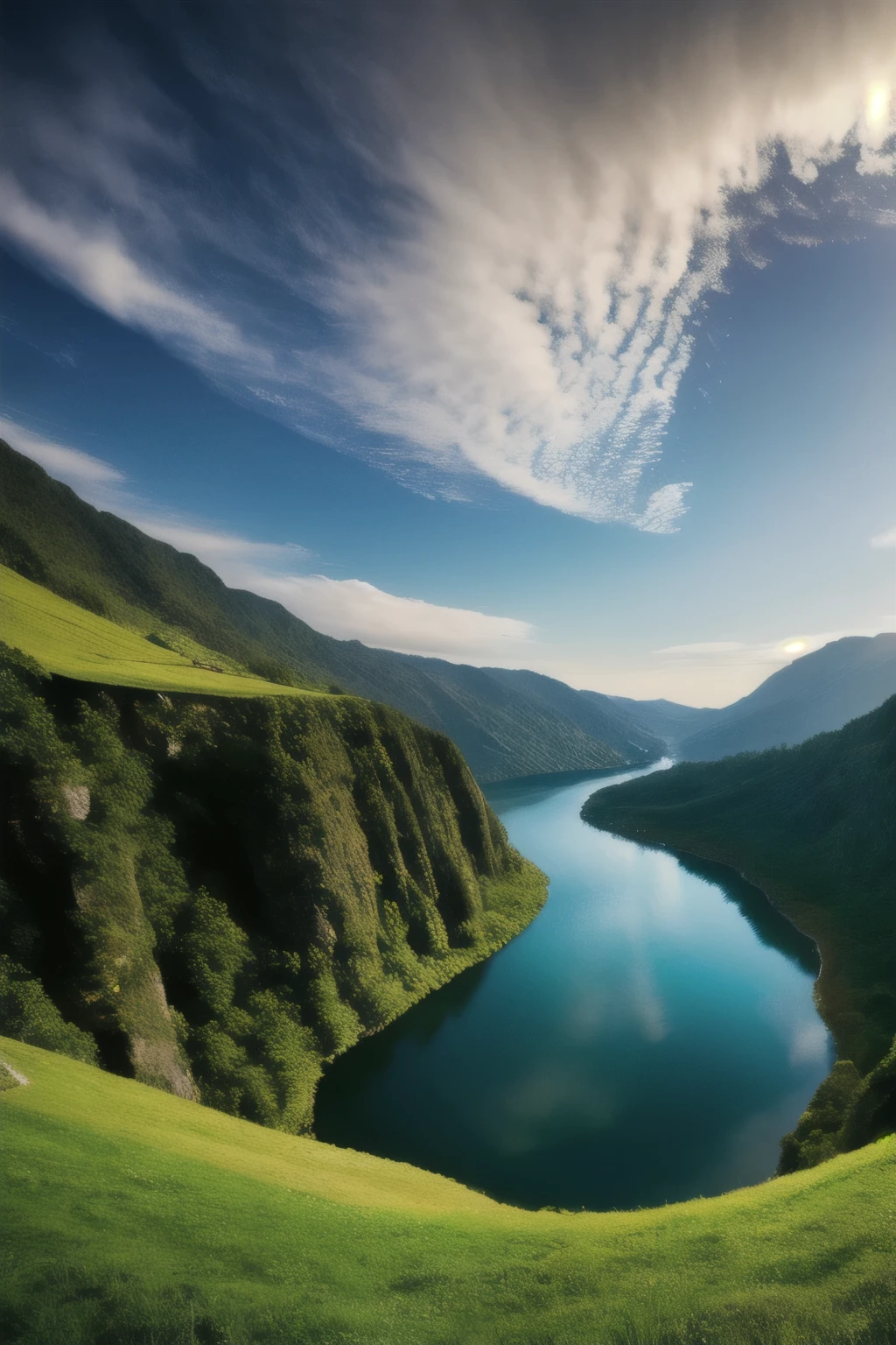 masterpiece, Ultimate quality, Cg unity 8k wallpaper, Ultra-delicate, Beautiful sky and clouds, Rich natural scenery, cliff, Lakes and rivers, Waterfalls and flying water, Beautiful green mountains, No one is seen, beautiful landscape, Won a photography competition, Background blur, Full depth, HDR High Dynamic Range, Real recovery, complex, Extreme details, Dramatic, Perfect presentation of the mid-course art style.