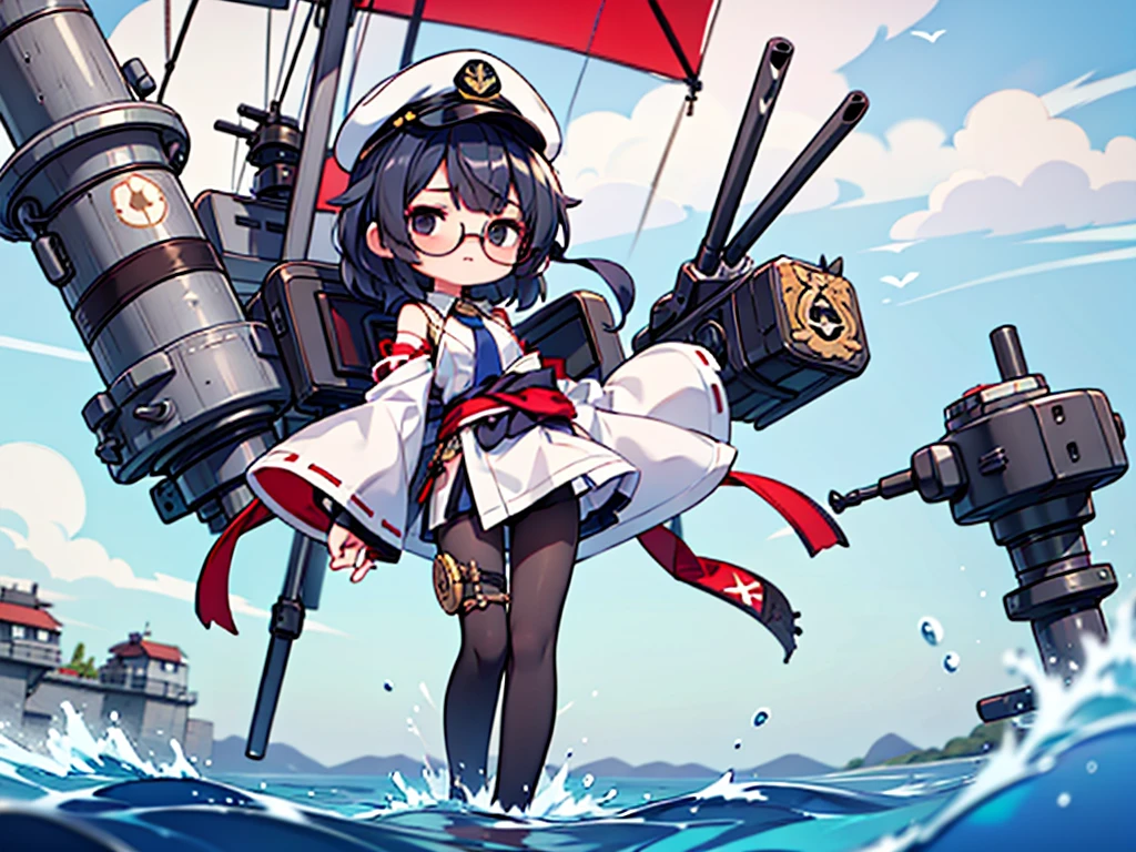 (((masterpiece, Vision))), ((((Full body of a woman with perfect flat chest、solo、Short unkempt black hair、Tie your messy hair at the nape of your neck、white military jacket、Miko costume、black tights、Black glasses、White military cap、Cloudy black eyes、Confused eyes、Junyo-inspired emblem)))), (((Shipgirl))), ((Floating on the morning sea with both feet)), (Standing with your legs apart), (Hold the turret grip with your right hand), (Mechanical arms extending from the waist are used to equip the ship with battleship equipment.), (Equipped with a turret on the back), (Left arm holds the triple turret grip), Shotgun shell in left arm, Spreading the Machine's Wings, 2. Machine Tail, A mechanical prosthetic arm holds the turret, Kaleidoscope Sharingan,