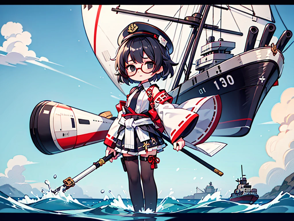 (((masterpiece, Vision))), ((((Full body of a woman with perfect flat chest、solo、Short unkempt black hair、Tie your messy hair at the nape of your neck、white military jacket、Miko costume、black tights、Black glasses、White military cap、Cloudy black eyes、Confused eyes、Junyo-inspired emblem)))), (((Shipgirl))), ((Floating on the morning sea with both feet)), (Standing with your legs apart), (Hold the turret grip with your right hand), (Mechanical arms extending from the waist are used to equip the ship with battleship equipment.), (Equipped with a turret on the back), (Left arm holds the triple turret grip), Shotgun shell in left arm, Spreading the Machine's Wings, 2. Machine Tail, A mechanical prosthetic arm holds the turret, Kaleidoscope Sharingan,