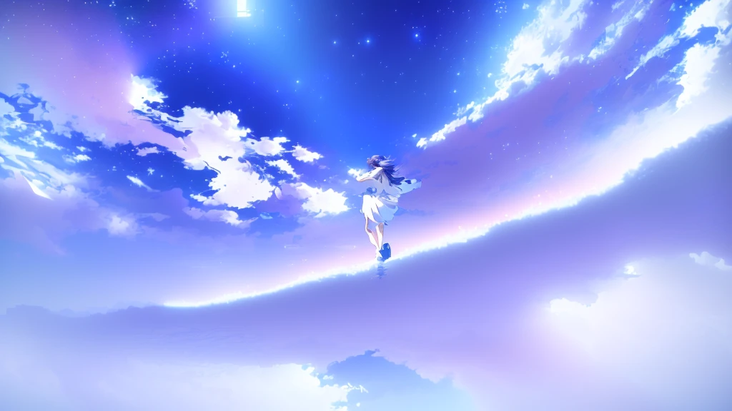 anime, A girl in a white dress floats in the water, Makoto Shinkai Cyril Rolland, anime girl walking on water, anime movie background, beautiful anime scene, today's featured anime still, anime film still, screenshot from the anime film, anime still film anime shikishi, star(null) starry_null