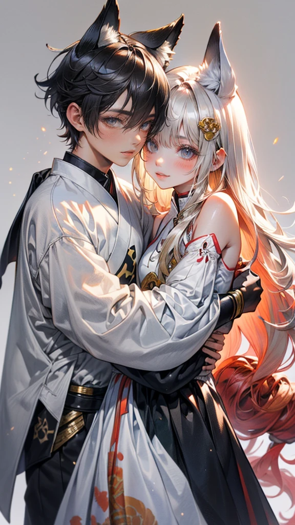 (8K, hight resolution, ultra-detailliert), Gay Couple,boylove,2man,2boy,dual boy, 1 man and 1 man, Mature, Hair color is different, (cuddling), full bodyesbian, a blonde and a black hair, (Two men smiling face to face)、Gray-haired man with beautiful fox ears、Strong man with black hair with wolf ears、ink and watercolor painting、Traditional Chinese Ink Painting、lotuses、Hanfu、Maxi Kit、Dress conservatively、Animal ears, Knights、bule、florals、Lots of flowers nearby、shenron、extra detailed face