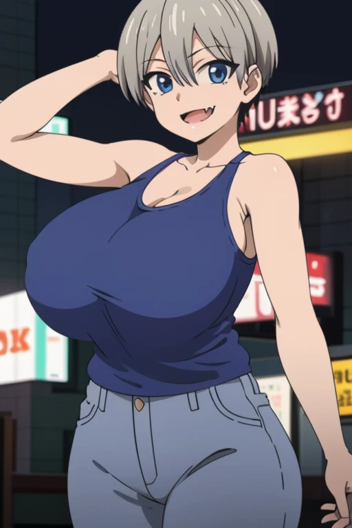best quality, high resolution, city, tokyo,1girl, huge enormous massive gigantic big large fat breasts, 1girl,short hair,blue eyes,bangs,skin fang,grey hair,fang,hair between eyes, smile, looking at viewer, cowboy shot, tanktop, denim mini shirts