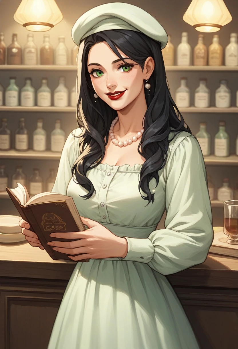 "A graceful and intelligent woman with long black hair and emerald green eyes. She always has a gentle smile and enjoys reading books in a café. Dressed in a vintage-style dress, she wears a pearl necklace and red lipstick. She grew up in Paris and is well-versed in French café culture. She wears a beret and enjoys croissants at the café daily."