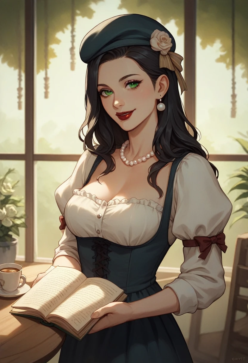 "A graceful and intelligent woman with long black hair and emerald green eyes. She always has a gentle smile and enjoys reading books in a café. Dressed in a vintage-style dress, she wears a pearl necklace and red lipstick. She grew up in Paris and is well-versed in French café culture. She wears a beret and enjoys croissants at the café daily."
