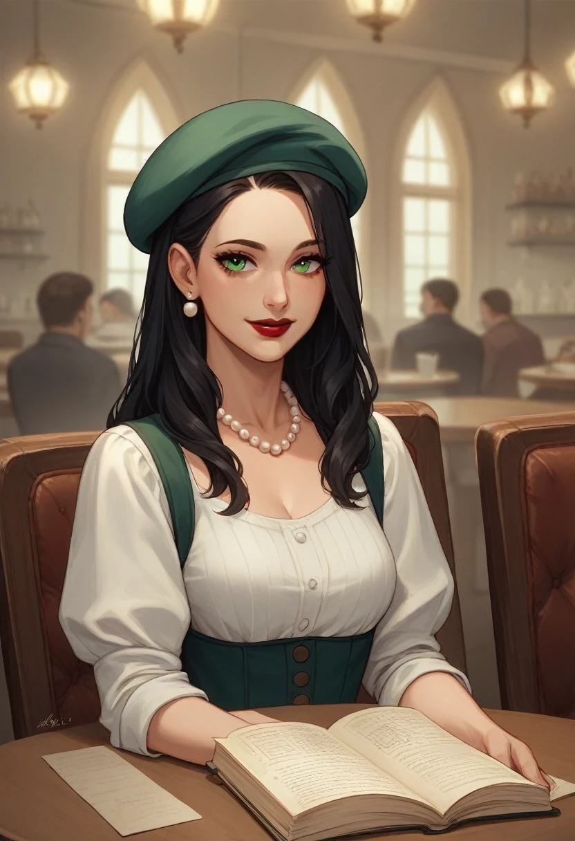 "A graceful and intelligent woman with long black hair and emerald green eyes. She always has a gentle smile and enjoys reading books in a café. Dressed in a vintage-style dress, she wears a pearl necklace and red lipstick. She grew up in Paris and is well-versed in French café culture. She wears a beret and enjoys croissants at the café daily."
