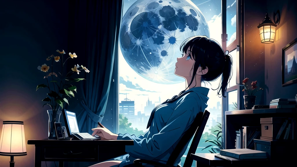 Create an illustration of a girl with black hair and blue eyes, sitting in a chair in front of a desk, Has a sentimental, introspective look。, The moonlight gently shines into the room, Gently illuminate the space, Curtains sway in the wind, Increase tranquility, Gloomy mood, Emphasise the theme of loneliness, silence, And the depths of night, The room is dark、Dimly lit by moonlight
