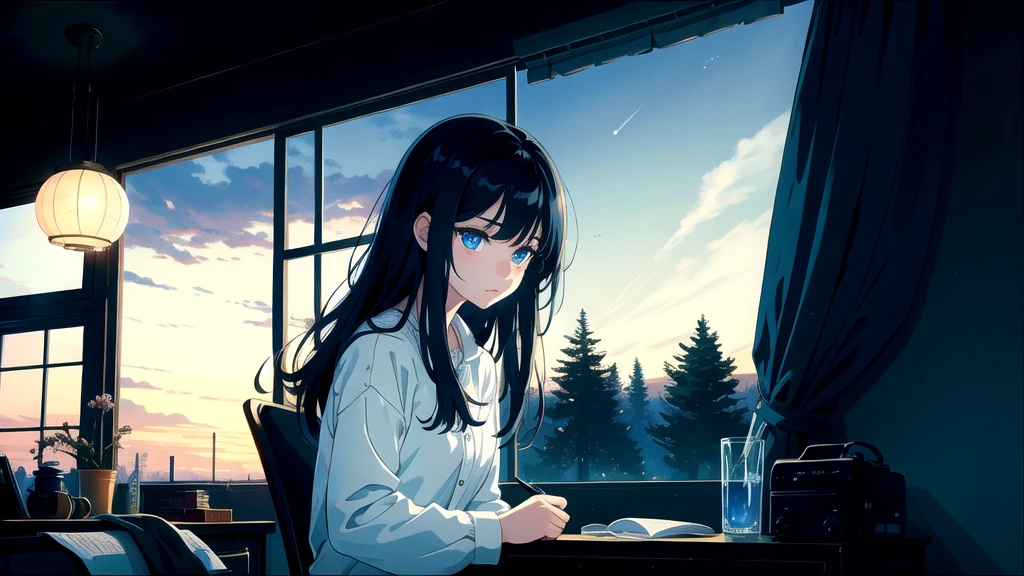 Create an illustration of a girl with black hair and blue eyes, sitting in a chair in front of a desk, Has a sentimental, introspective look。, The moonlight gently shines into the room, Gently illuminate the space, Curtains sway in the wind, Increase tranquility, Gloomy mood, Emphasise the theme of loneliness, silence, And the depths of night, The room is dark、Dimly lit by moonlight