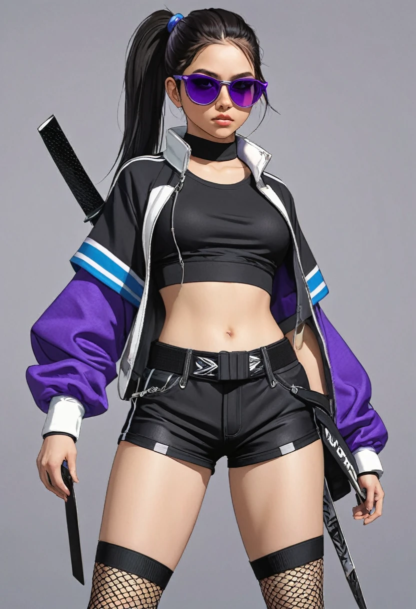 young girl, who wears a short jacket and a crop top, covering her upper body, exposing the navel. She also wears black buttonless shorts with a decorative piece of black and purple fabric, which hangs from the back, and also a white belt, with a gaming console attached to his hip. She has purple sunglasses on her head, , which she ties her hair into a loose ponytail. She also wears a pair of black ones, white and blue shoes, and also a knife, attached to her right leg, and short fishnets on the left calf. Besides, she has blue bandages on her left knee and lower back.