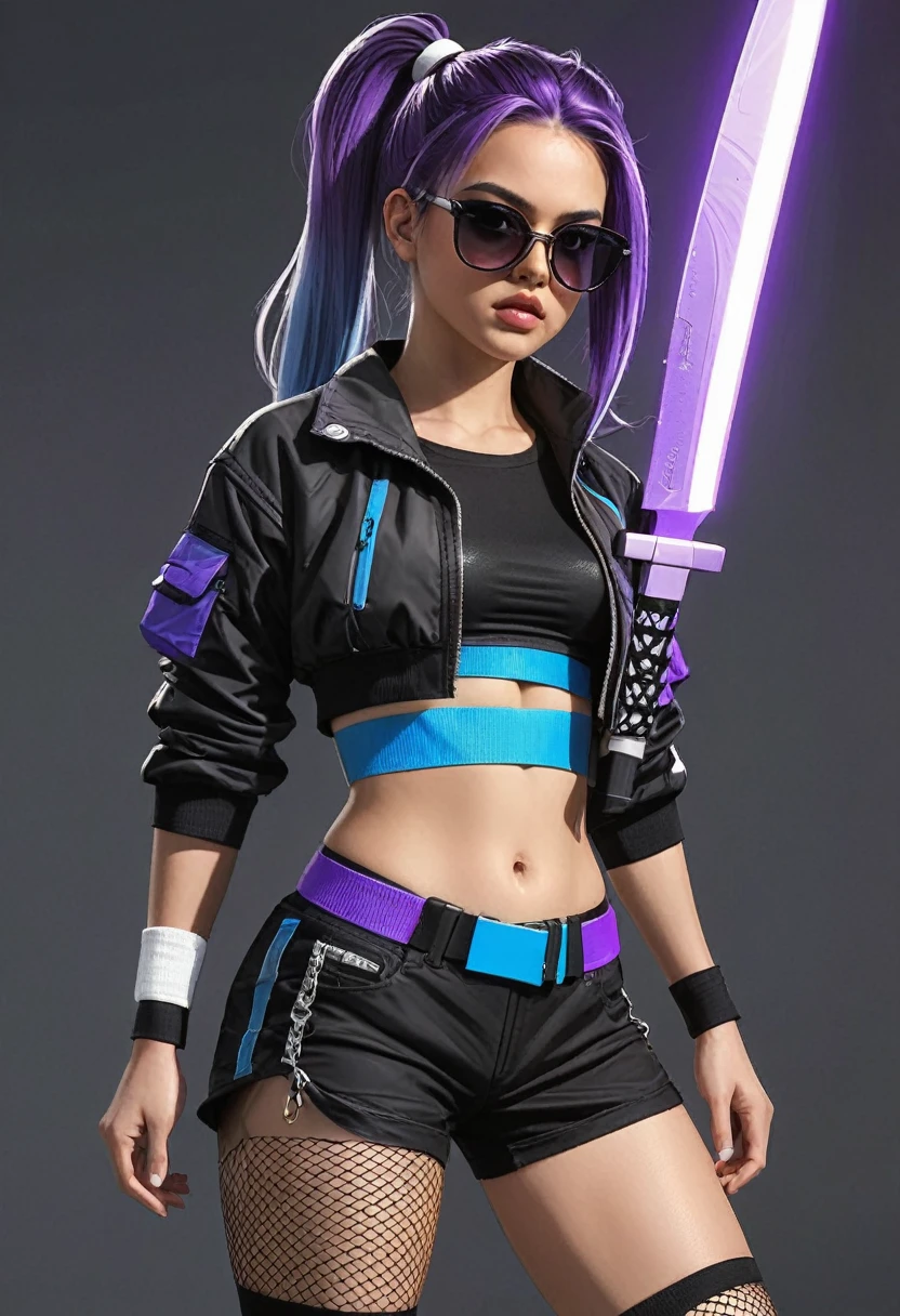 young girl, who wears a short jacket and a crop top, covering her upper body, exposing the navel. She also wears black buttonless shorts with a decorative piece of black and purple fabric, which hangs from the back, and also a white belt, with a gaming console attached to his hip. She has purple sunglasses on her head, , which she ties her hair into a loose ponytail. She also wears a pair of black ones, white and blue shoes, and also a knife, attached to her right leg, and short fishnets on the left calf. Besides, she has blue bandages on her left knee and lower back.