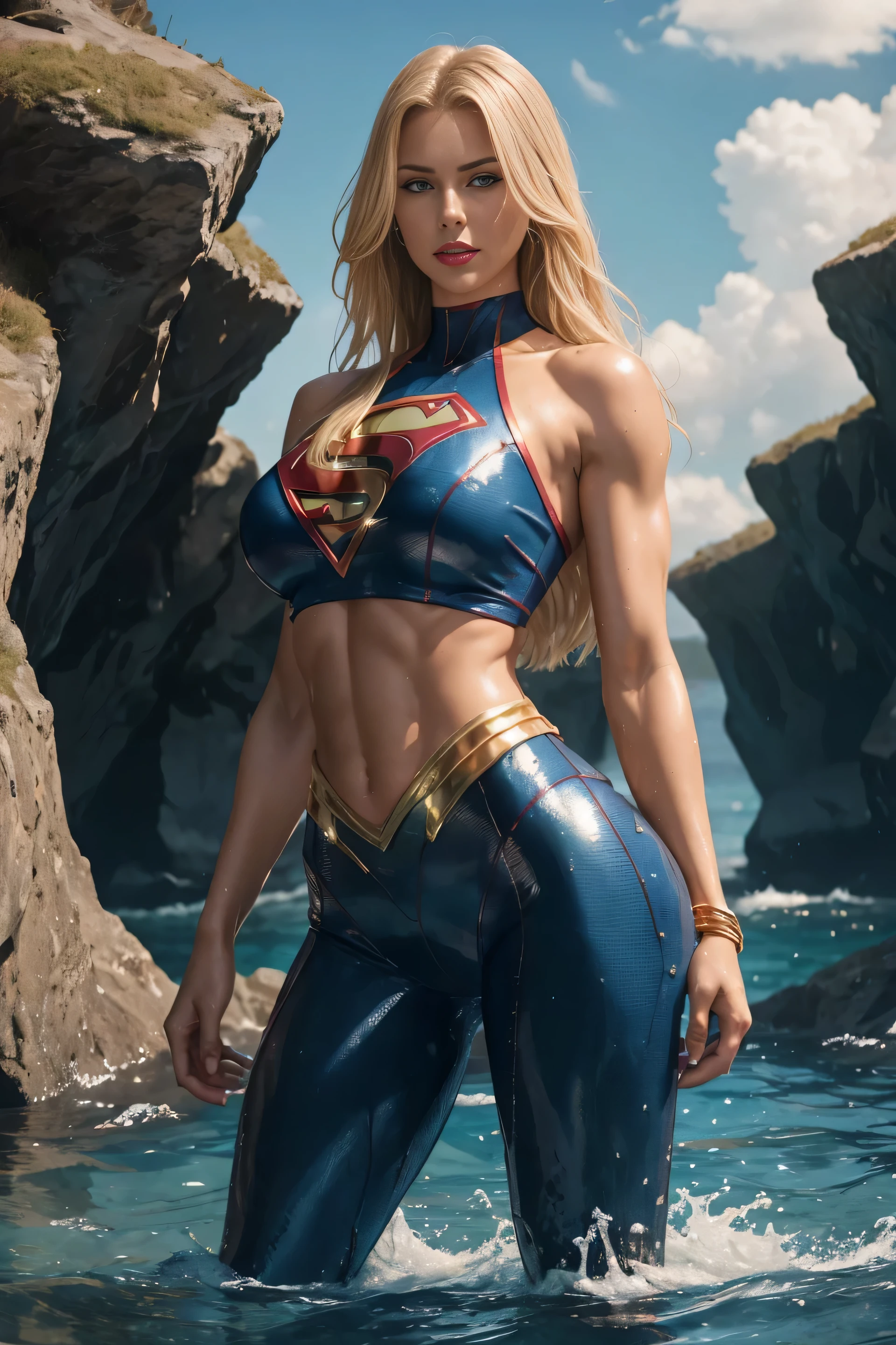 Supergirl, olhos azuis, blonde hair, Cabelos Longos, (blonde girl:1.5), dentro de um lago, banhos noturnos, (Realistic:1.2), Partially underwater shooting, (Realismo:1.2), (master part:1.2), (best quality), (Ultra Detalhado), (8k, intrincado), (85 millimeters), light particles, The lighting, (altamente detalhado:1.2), (rosto detalhado:1.5), (Gradientes), SFW, Colouring, (olhos detalhados:1.5), (Antecedentes detalhados), (Dynamic angle:1.2), (dynamic pose:1.2), (regra de terceiro_compositing:1.3), (action line:1.2), Arremesso longo, luz noturna, sozinho.